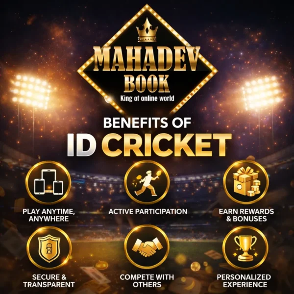 Benefits of ID Cricket Mahadev Book online cricket platform banner showing fantasy cricket features, rewards, security and gold logo design