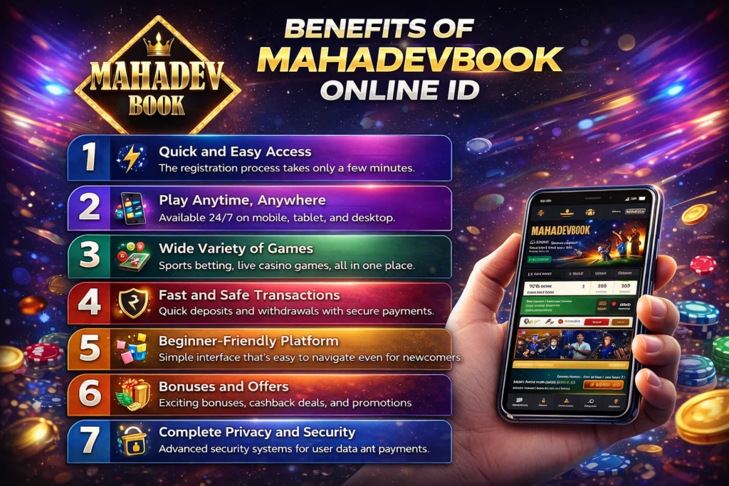 Benefits of MahadevBook Online ID banner with logo sports betting and casino gaming features