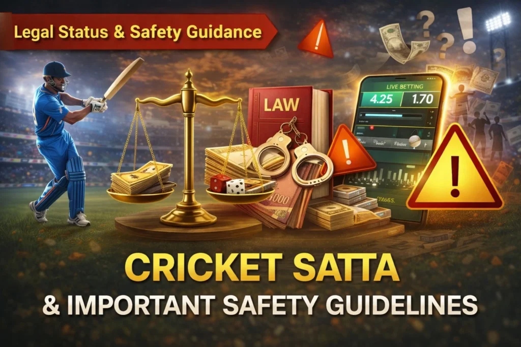 Cricket satta legal and safety awareness banner showing cricket stadium with caution and information graphics