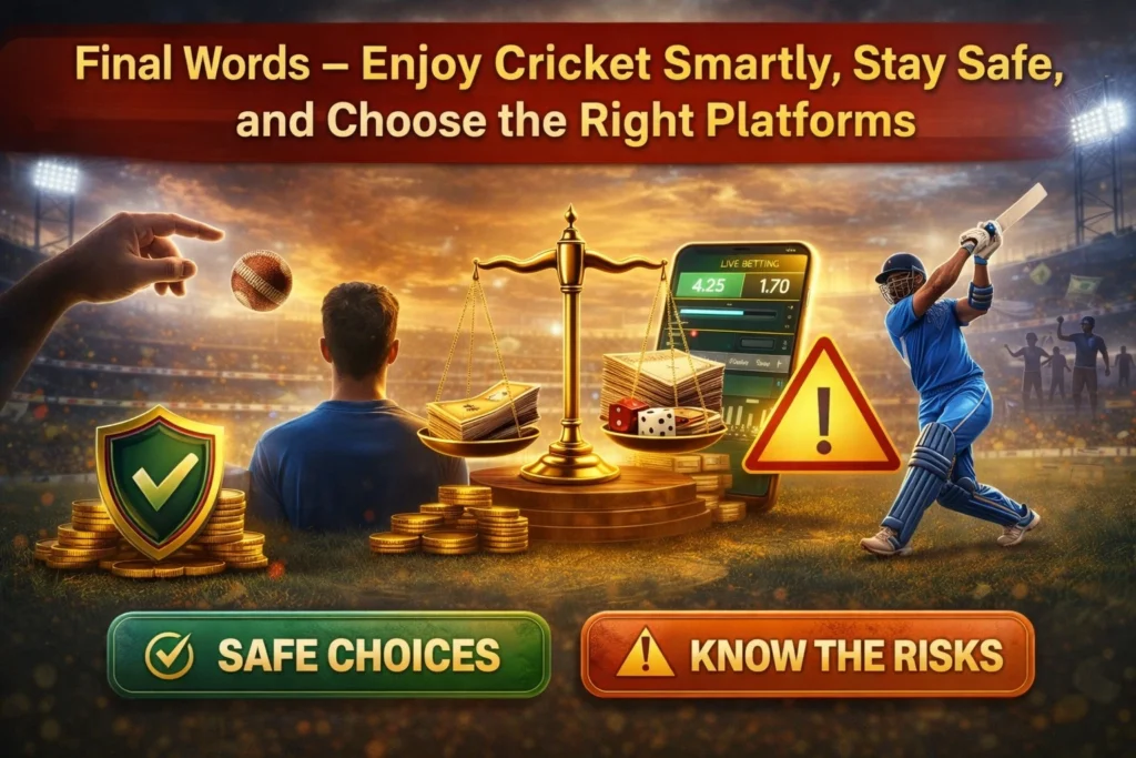 Cricket stadium banner promoting safe and responsible cricket entertainment with fans enjoying the match