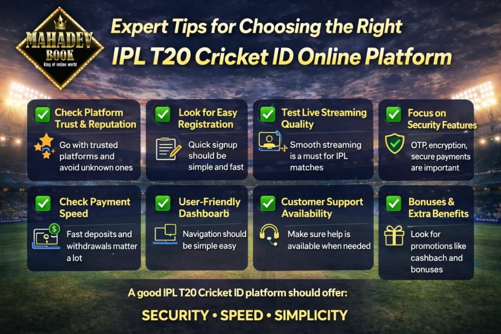 Expert tips infographic for choosing the best IPL T20 Cricket ID online platform