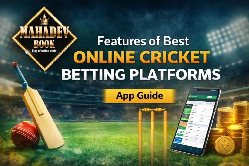Features of best online cricket betting platforms banner with mobile app interface, live cricket stadium background and Mahadev Book logo