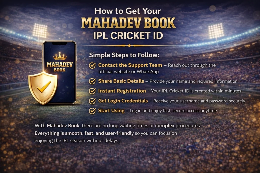 How to get Mahadev Book IPL Cricket ID step by step banner showing instant registration and fast secure online access