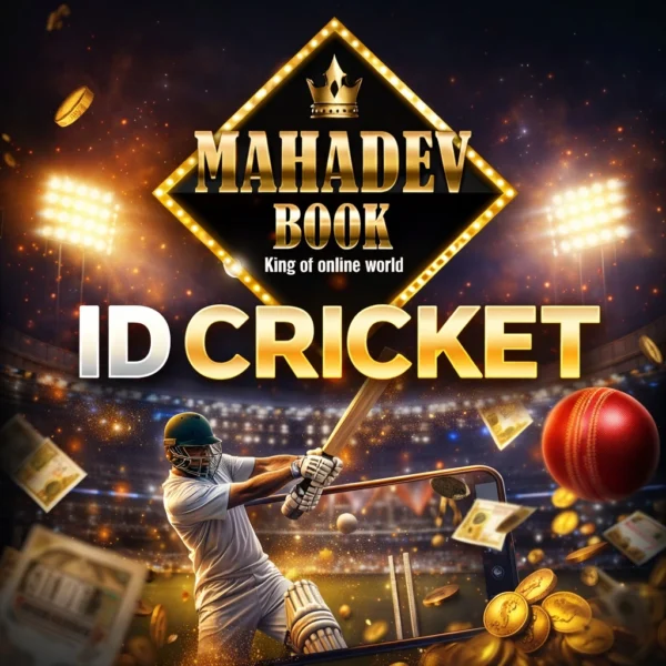 Mahadev Book ID Cricket online platform promotional banner with cricket player, stadium lights and gold logo design
