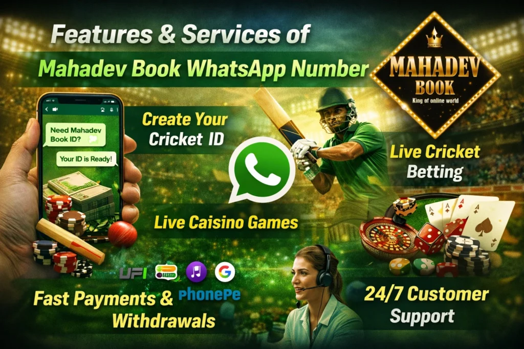 Mahadev Book WhatsApp Number features and services banner showing cricket ID creation, live betting, casino games and fast payments