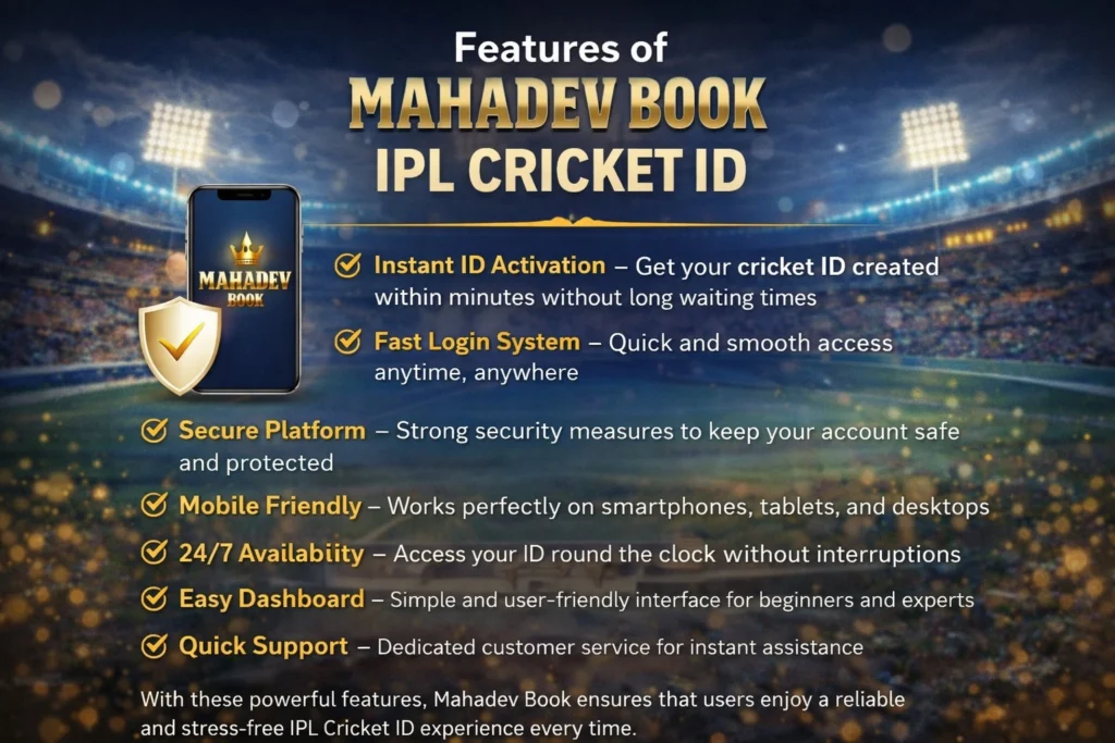 Mahadev Book IPL Cricket ID features banner showing fast, secure and instant online cricket ID services