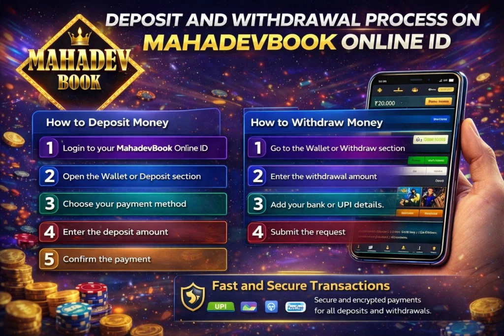 MahadevBook Online ID deposit and withdrawal process banner showing secure wallet and online payment methods