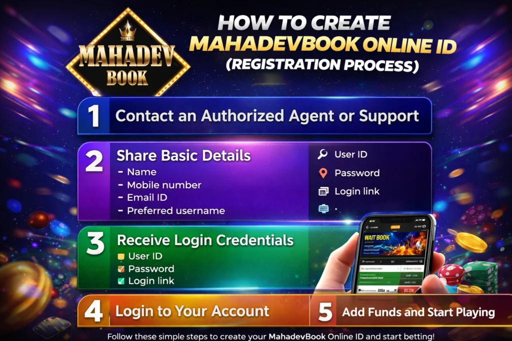 MahadevBook Online ID logo banner with registration login and sports betting platform design