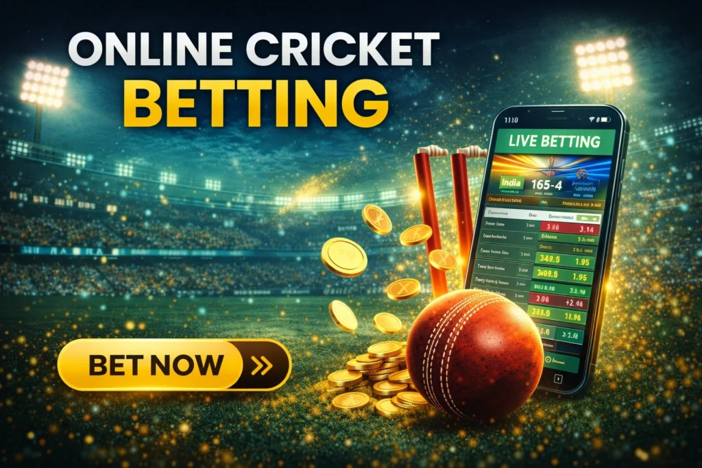Online cricket betting banner showing cricket stadium, mobile betting app interface and Mahadev Book logo