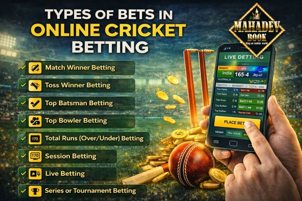 Types of bets in online cricket betting banner showing different betting options with cricket stadium background and Mahadev Book logo