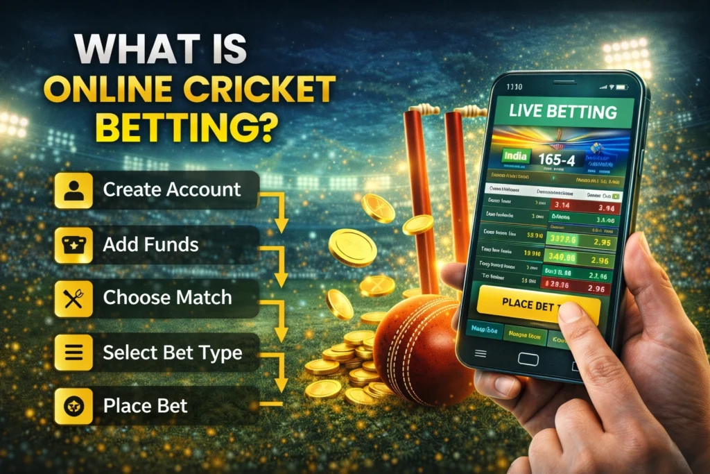 What is online cricket betting banner showing mobile betting app interface, cricket stadium background and live match visuals