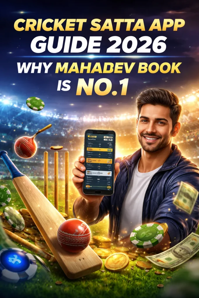 Introduction image showing Mahadev Book Cricket Satta App with live betting interface inside a stadium background.