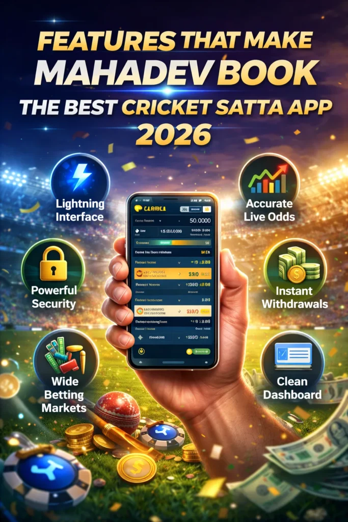 Mahadev Book app features including fast interface, accurate live odds, powerful security, and instant withdrawals.