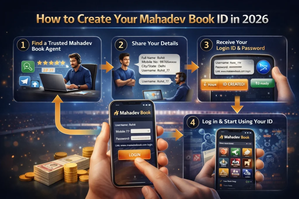 Step-by-step guide showing how to create Mahadev Book ID in 2026 with visuals of agents, login, wallet, and betting dashboard