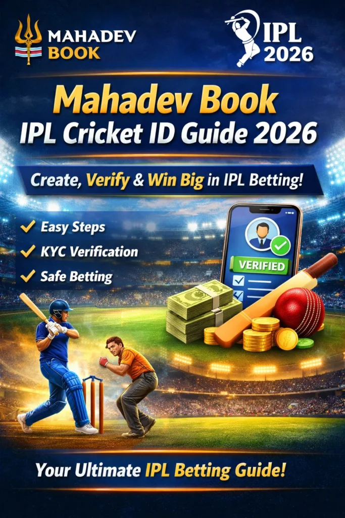 Mahadev Book IPL Cricket ID Guide introduction image with players, stadium, verified ID and IPL 2026 graphics.