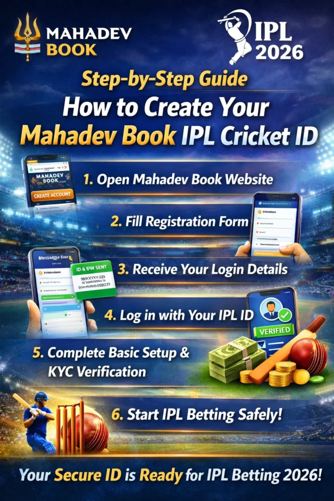 Step-by-step infographic showing how to create a Mahadev Book IPL Cricket ID for IPL 2026.