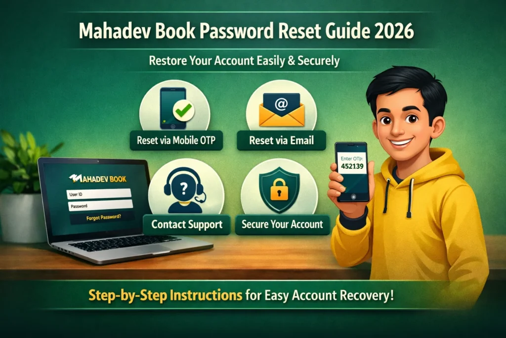 Illustration showing Mahadev Book password reset options like mobile OTP, email reset, support recovery, and account security for 2026.