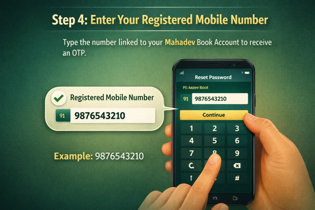 Graphic showing Step 4 of Mahadev Book password reset with a user entering their registered mobile number to receive OTP.