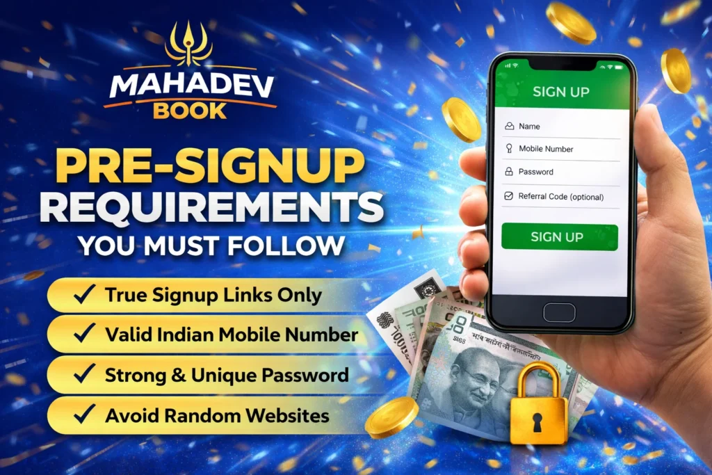 Mahadev Book pre-signup checklist image showing essentials like mobile number, ID proof, and password setup.