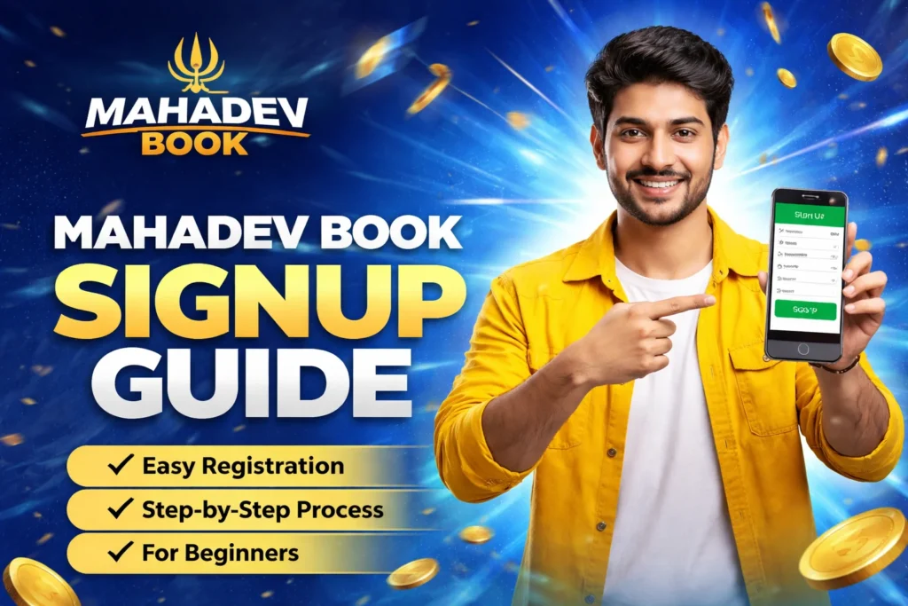 Mahadev Book signup guide image showing a young man holding a mobile phone with registration screen.