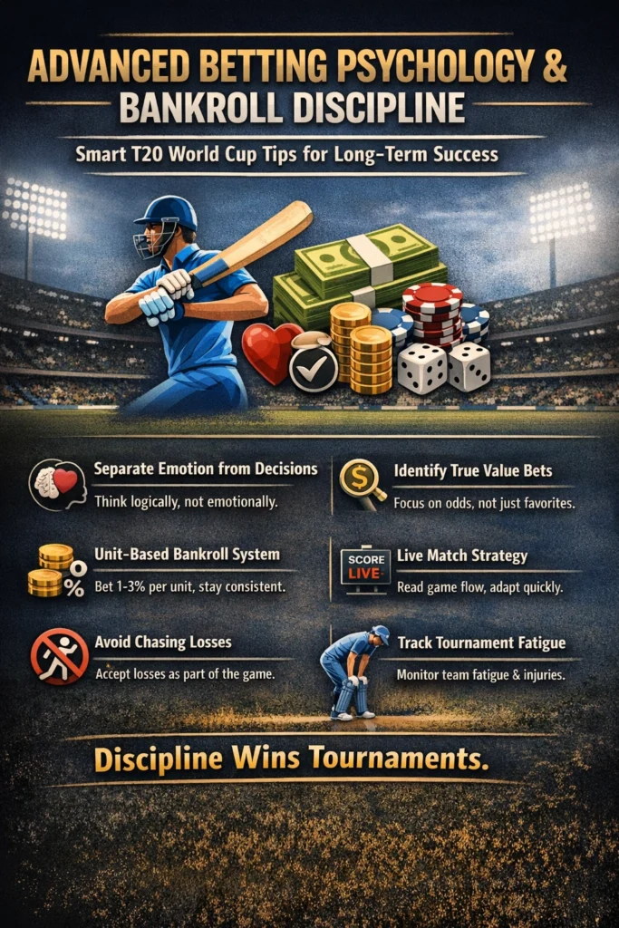 Advanced betting psychology and bankroll discipline concept image for T20 World Cup tips showing cricket theme with financial strategy elements