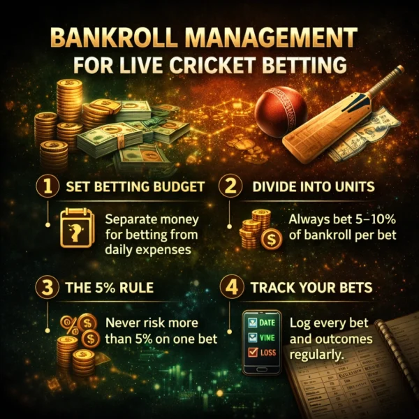 Bankroll management for live cricket betting guide with money stacks cricket bat and budgeting strategy graphic