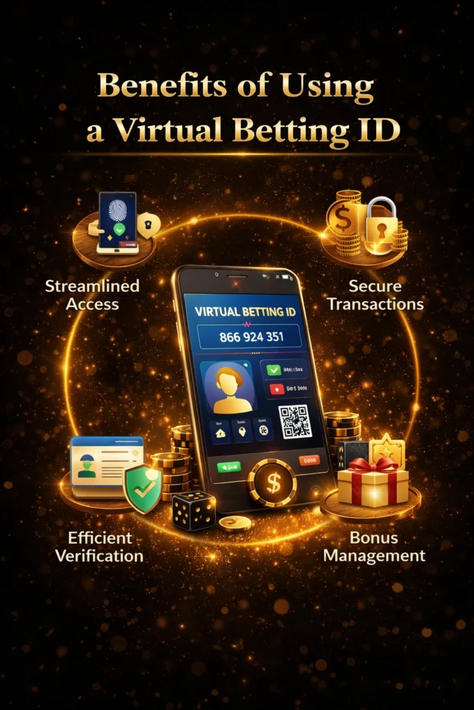 Benefits of using a Virtual Betting ID illustrated with secure online betting dashboard, digital wallet, mobile access, and protected account features