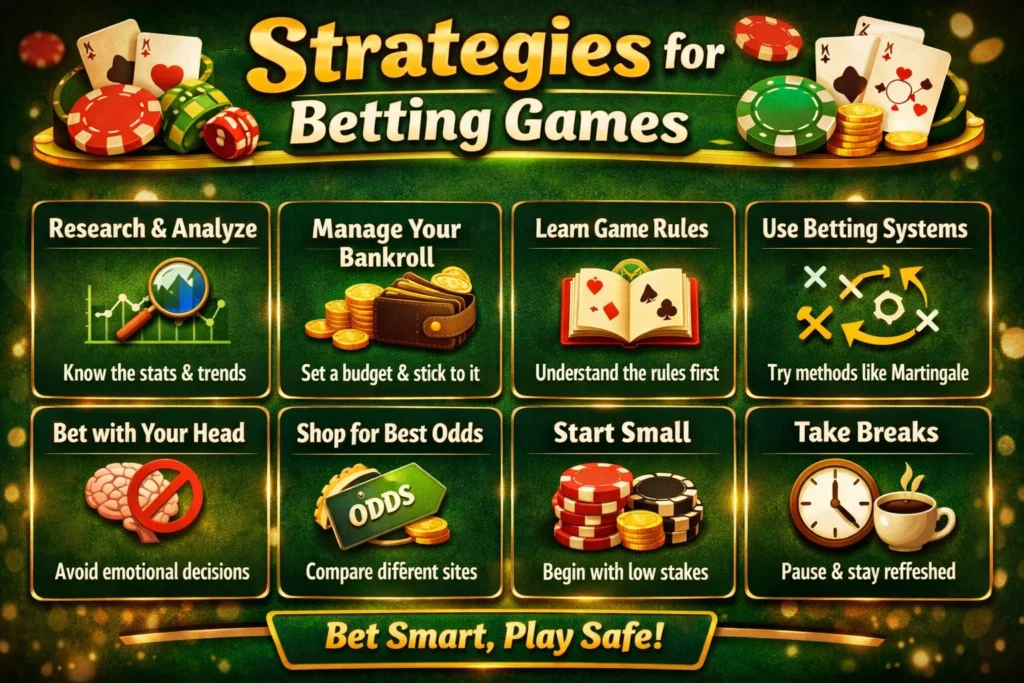Strategies for Betting Games infographic showing bankroll management, betting tips, odds comparison and safe gambling practices