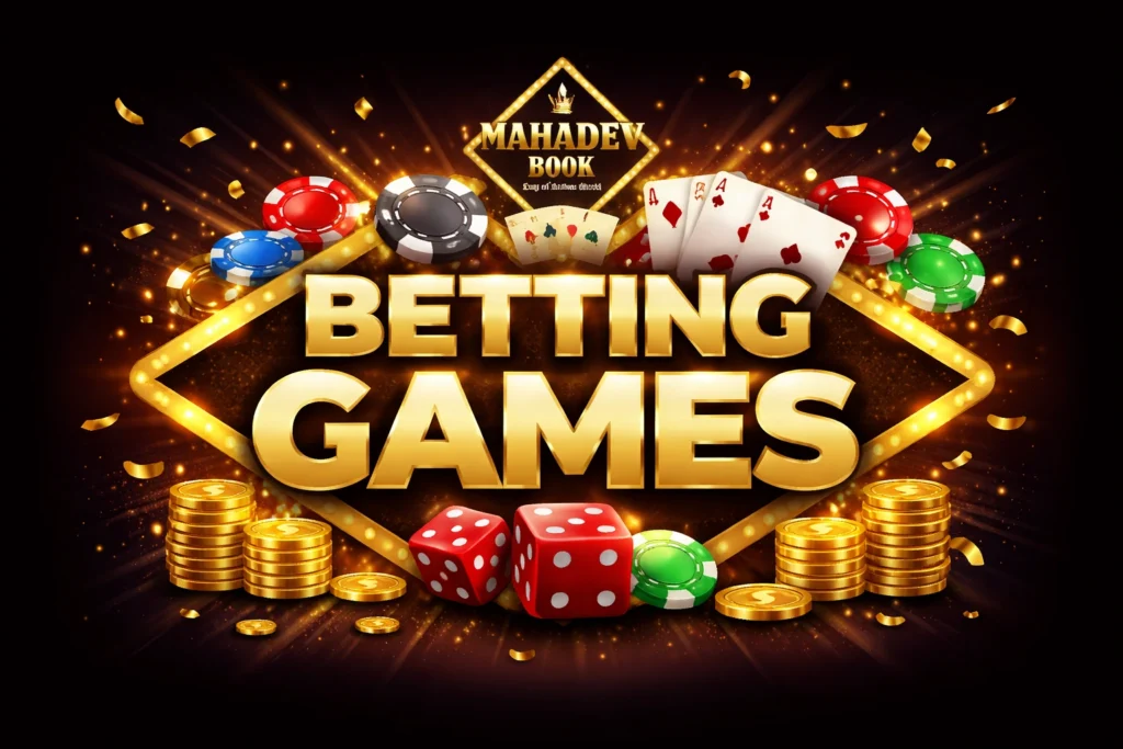 Betting Games logo banner with Mahadev Book casino theme, poker cards, dice and online betting design