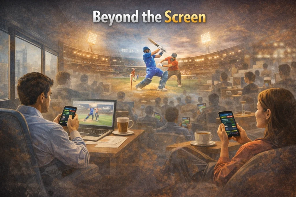 Beyond the Screen cricket experience showing users following live match through Cricket Book ID on phone and laptop