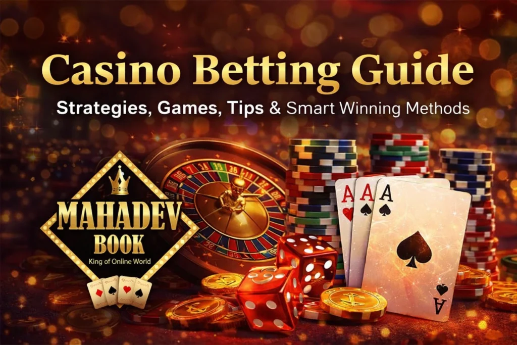 Casino betting guide banner with roulette wheel, poker chips, cards, dice and Mahadev Book logo showing strategies and winning methods