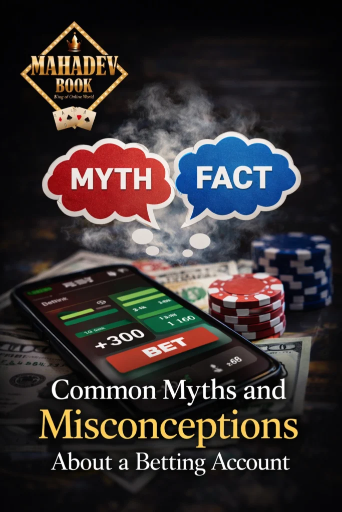 Mahadev Book image showing common myths and misconceptions about a betting account with smartphone betting app, poker chips, and myth vs fact concept.
