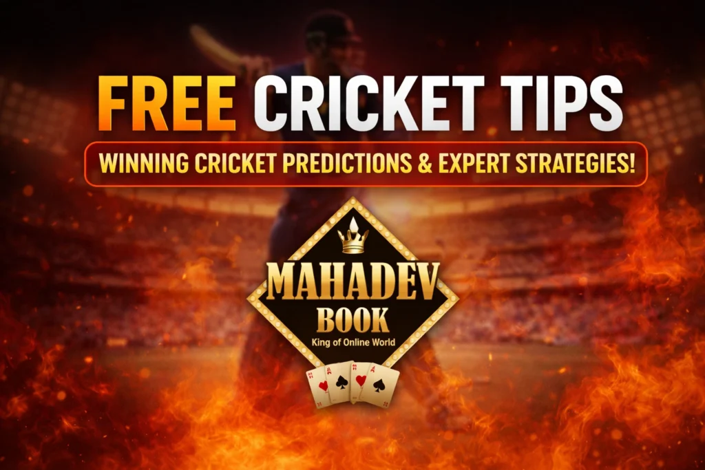 Free Cricket Tips banner with match predictions, expert strategies and Mahadev Book cricket analysis