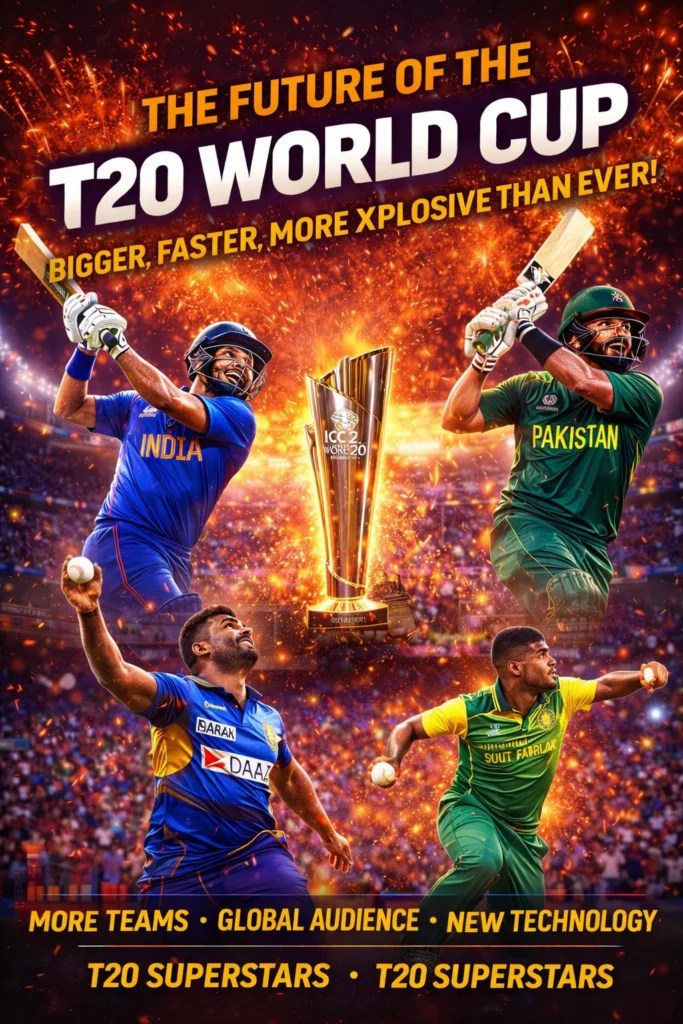 Future of T20 World Cup banner showing international cricketers, stadium fireworks and trophy representing bigger faster explosive T20 cricket tournament