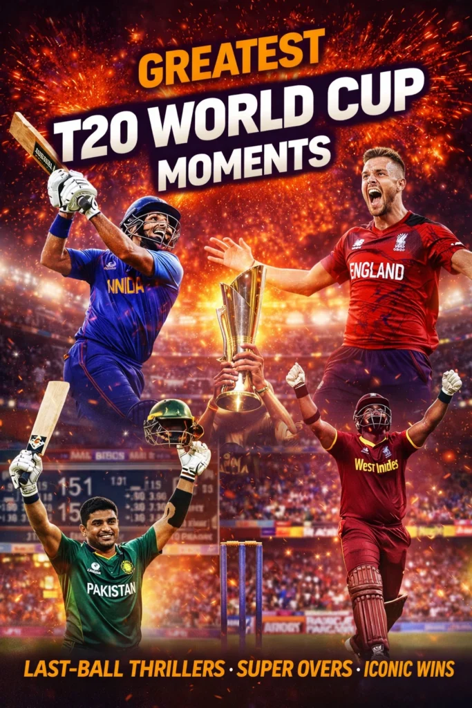 Greatest T20 World Cup moments banner showing cricketers celebrating last-ball thrillers, super overs and iconic wins in a packed stadium with fireworks