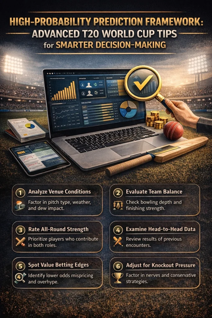 High probability prediction framework infographic for advanced T20 World Cup tips showing cricket analytics, match data charts, and strategic decision-making concept