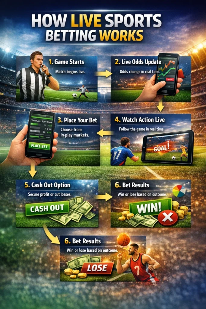 Infographic explaining how live sports betting works with real-time odds updates, match statistics, betting markets, and mobile betting interface