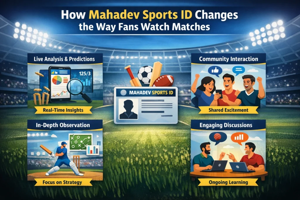 Infographic showing how Mahadev Sports ID changes the way fans watch matches with live analysis, community interaction and strategy focus