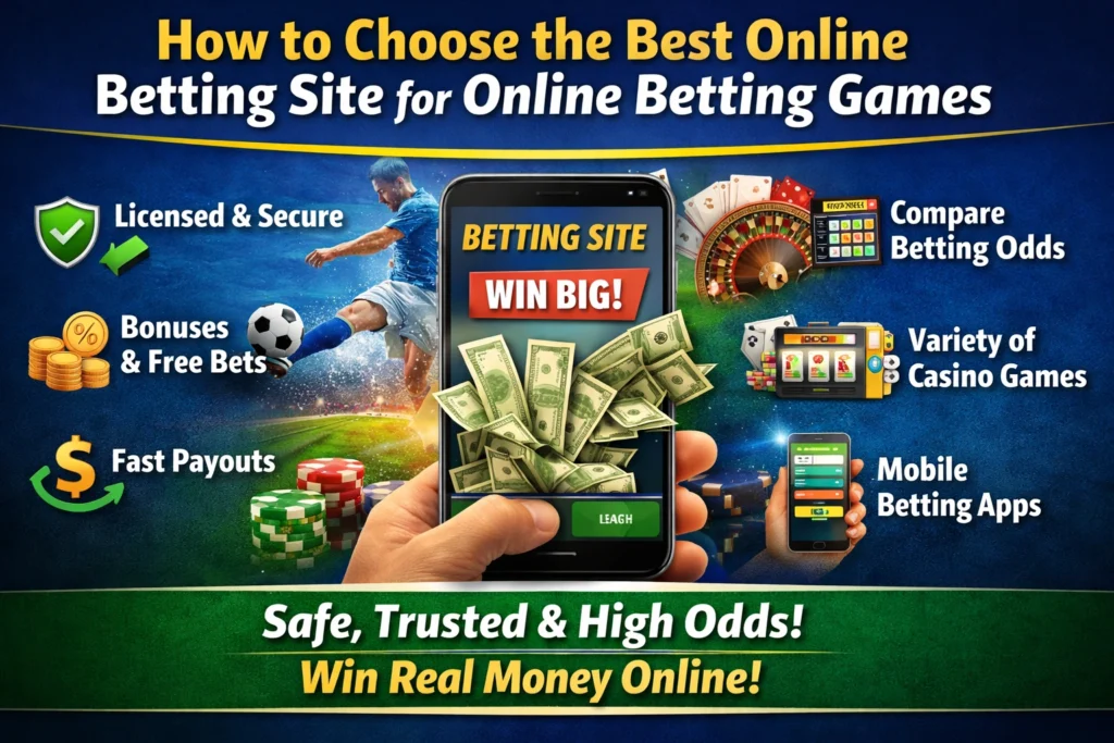 How to choose the best online betting site banner showing sports betting app, casino games, poker chips, secure payments and real money betting platform