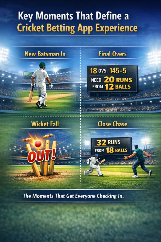 Infographic showing key moments in a cricket betting app including powerplay, middle overs and death overs phases