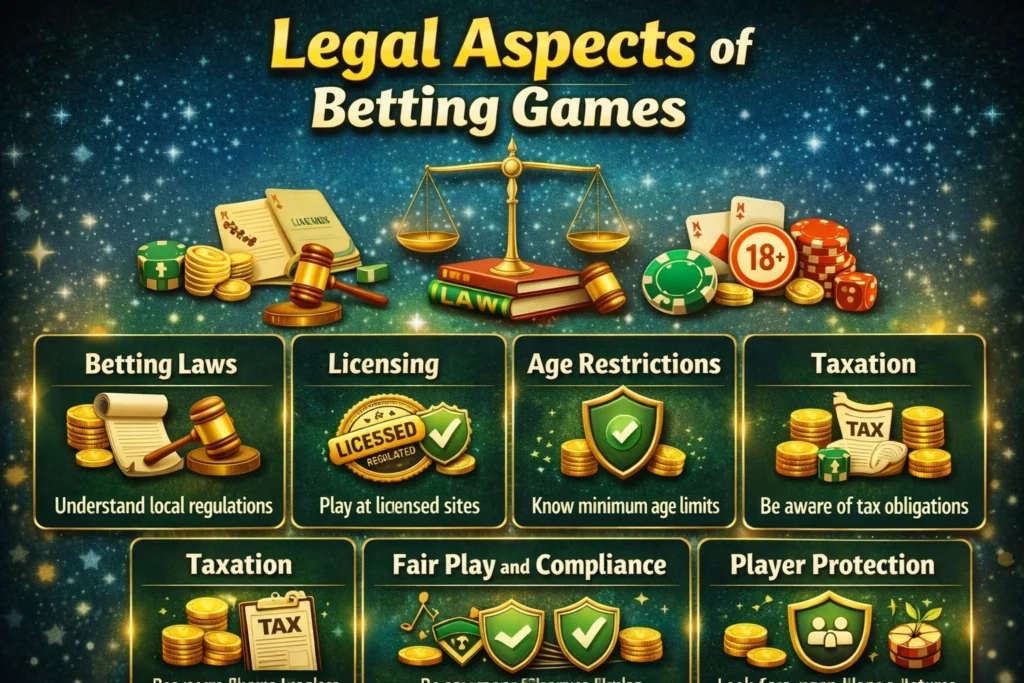 Legal aspects of betting games infographic showing licensed platforms, age restrictions, safe betting rules and gambling laws