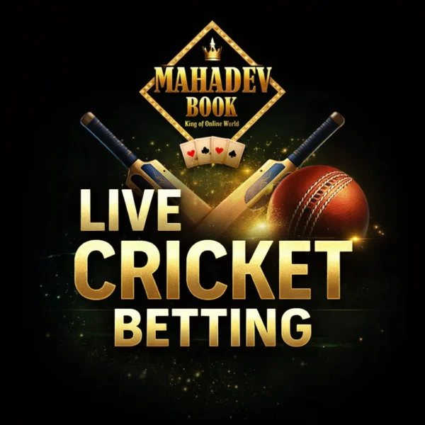 Live Cricket Betting banner with Mahadev Book logo, cricket bats and ball on black gold background
