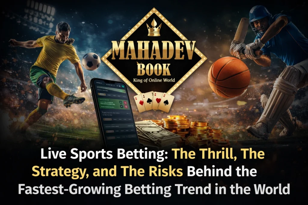 Live sports betting promotional banner featuring Mahadev Book logo, football player, cricket batsman, basketball, betting app interface, and casino coins