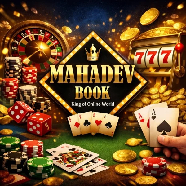 Games and Gambling casino banner with Mahadev Book logo, roulette, poker chips, dice and slot machine
