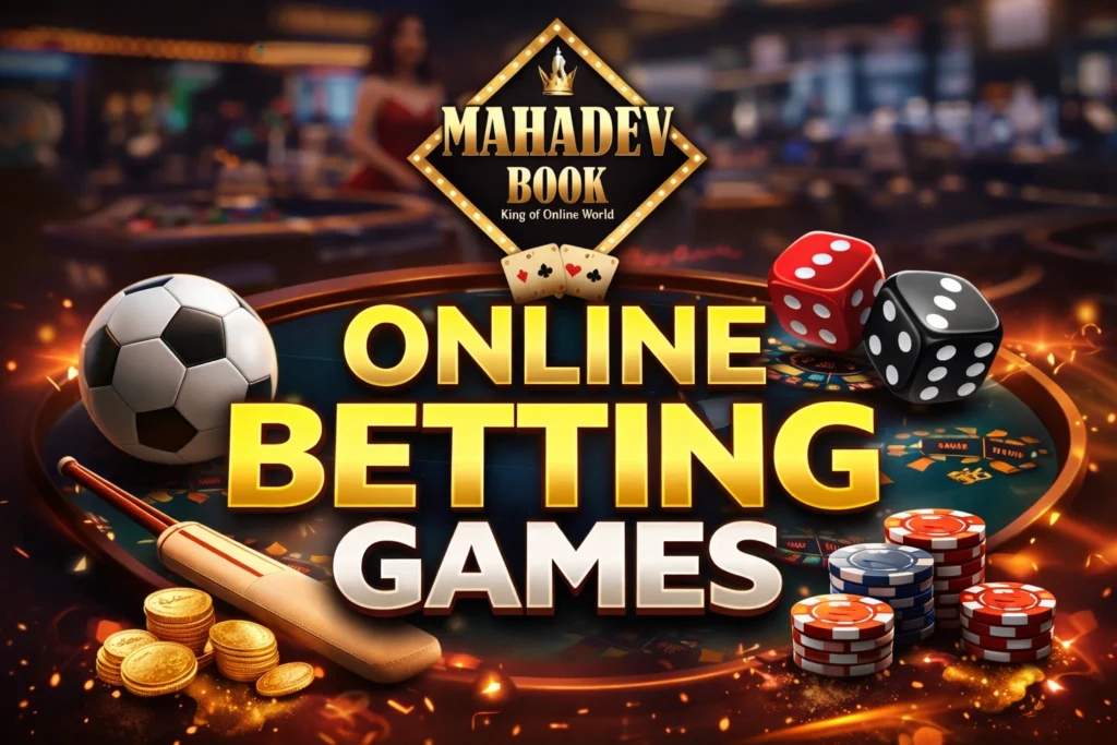 Mahadev Book online betting games banner showing sports betting, casino dice, poker chips, and real money gambling platform promotion