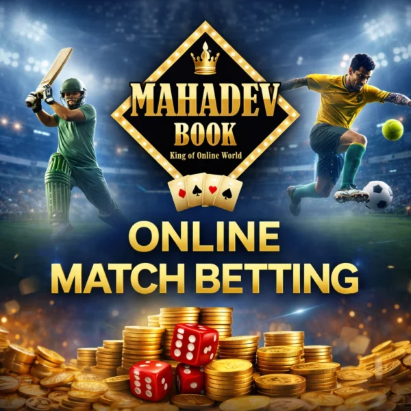 Online match betting promotional banner with Mahadev Book logo and sports players in stadium background