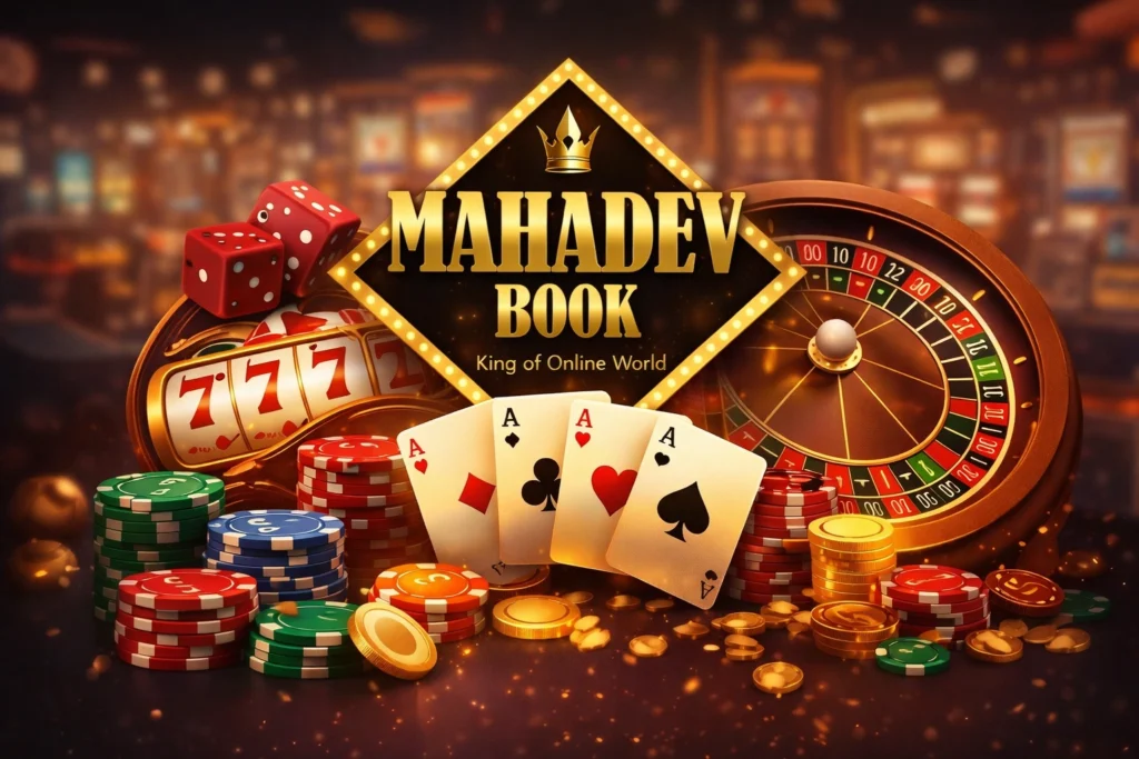 Mahadev Book casino play promotional image featuring roulette wheel, slot machine, poker chips and playing cards in luxury online casino theme.