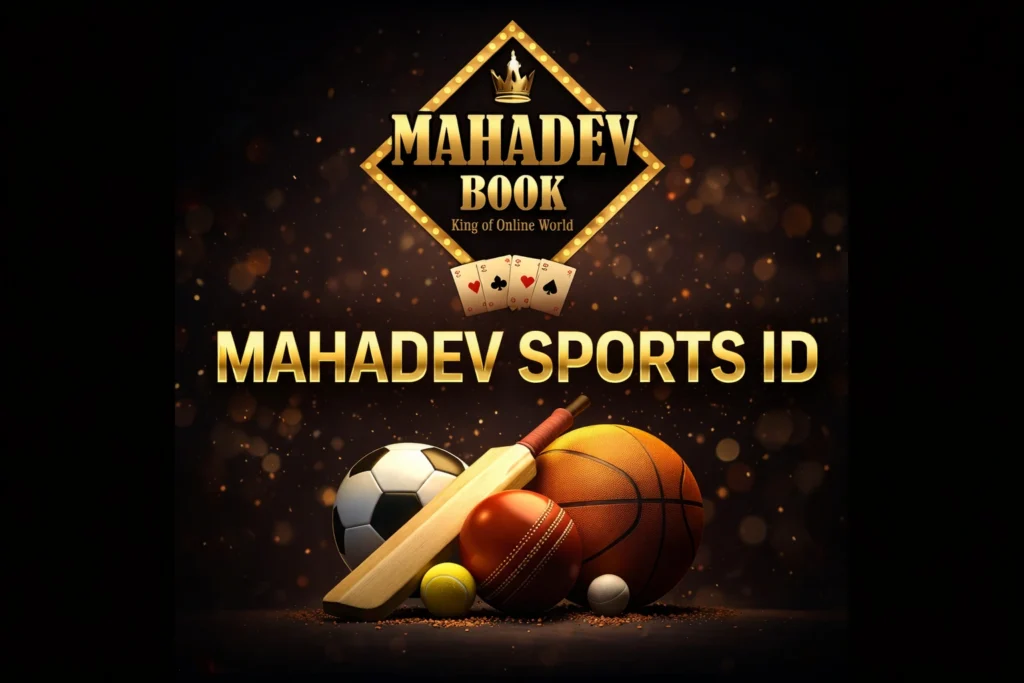 Mahadev Sports ID official logo with golden crown and playing cards on black background
