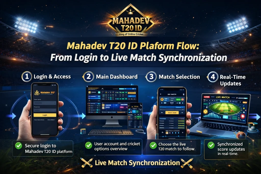 Mahadev T20 ID platform flow from login to live match synchronization infographic