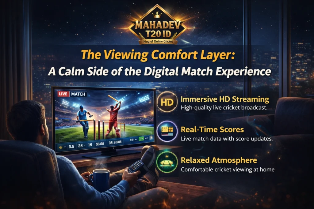 Mahadev T20 ID viewing comfort layer calm digital cricket match experience illustration